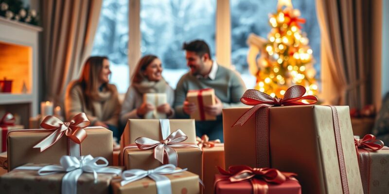 Family Gathering Christmas tree exchanging gifts