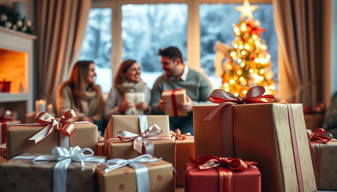 Family Gathering Christmas tree exchanging gifts