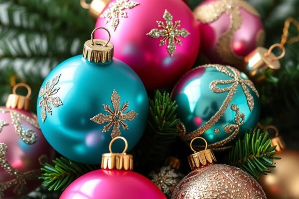 Collection of colorful Shiny Brite vintage Christmas ornaments on a tree