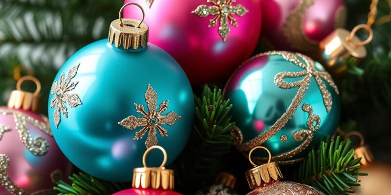 Collection of colorful Shiny Brite vintage Christmas ornaments on a tree