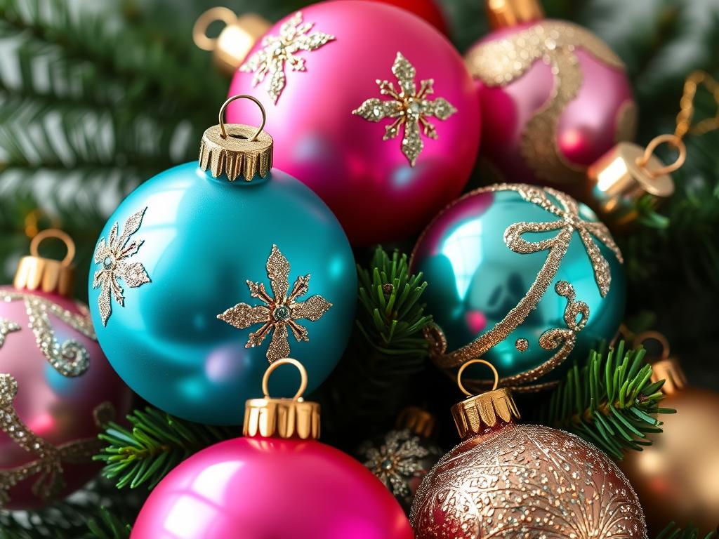 Collection of colorful Shiny Brite vintage Christmas ornaments on a tree