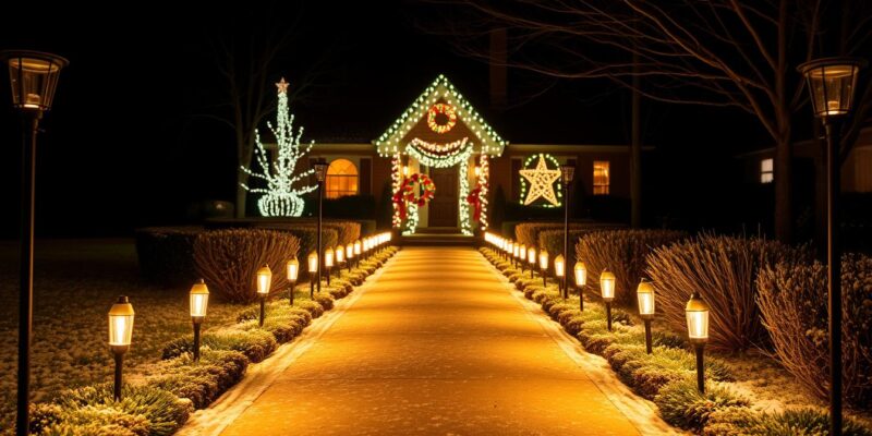 Illuminated pathway with LED stake lights creating a magical holiday entrance