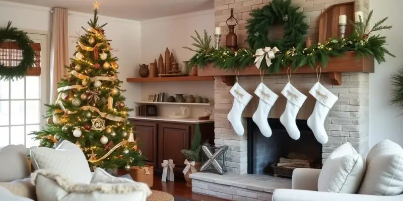 Living room with farmhouse Christmas decorations featuring natural materials, neutral colors, and vintage accents