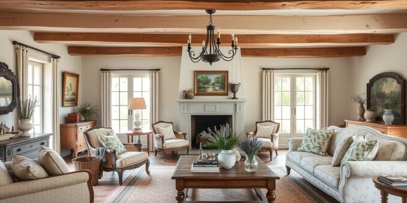 Completed French cottage living room with all decor elements