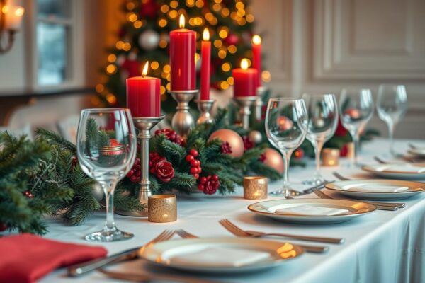 Festive Christmas holiday table setting with decorations, candles, and place settings for Christmas holiday event planning