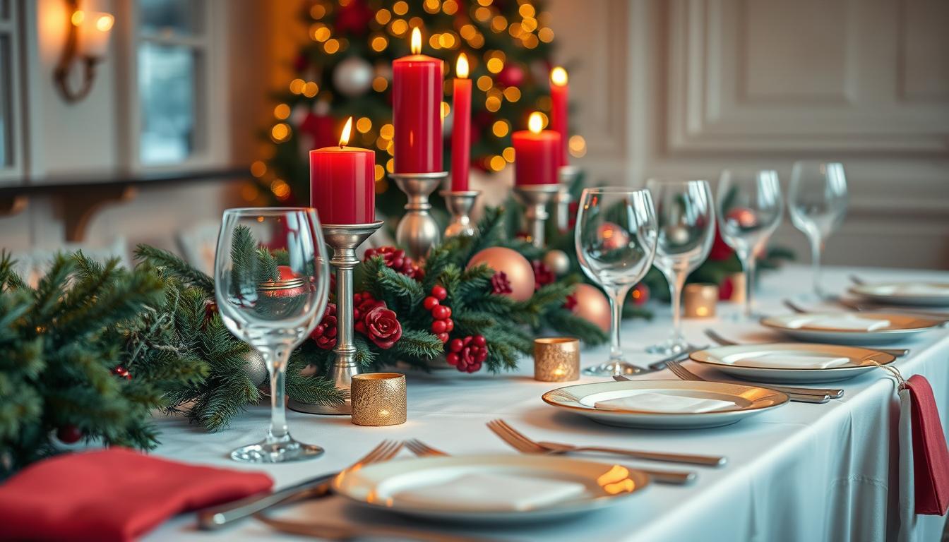 Festive Christmas holiday table setting with decorations, candles, and place settings for Christmas holiday event planning
