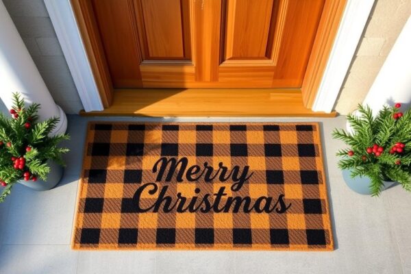 Layered Christmas doormat with buffalo check pattern underneath a welcome mat, decorated with small potted evergreens on either side
