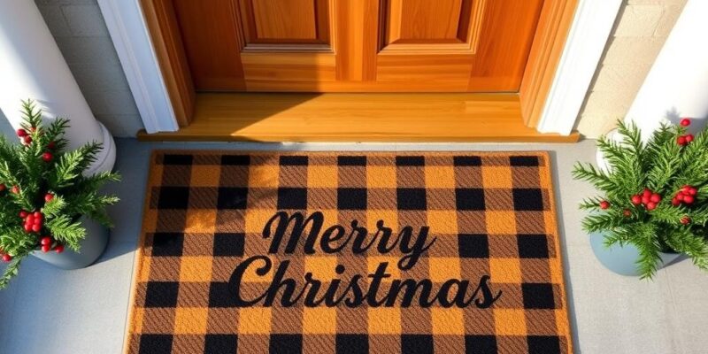 Layered Christmas doormat with buffalo check pattern underneath a welcome mat, decorated with small potted evergreens on either side