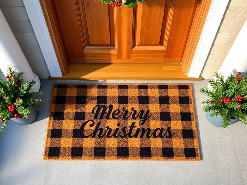 Layered Christmas doormat with buffalo check pattern underneath a welcome mat, decorated with small potted evergreens on either side