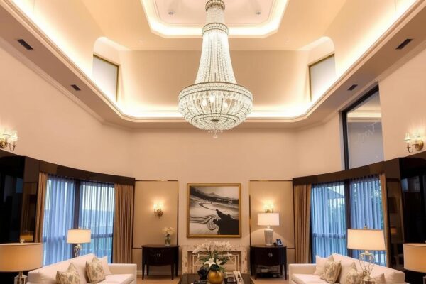 Luxury living room with crystal chandelier and ambient lighting