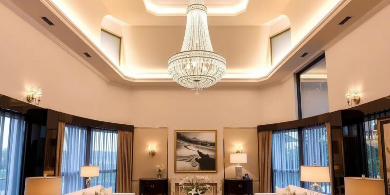 Luxury living room with crystal chandelier and ambient lighting