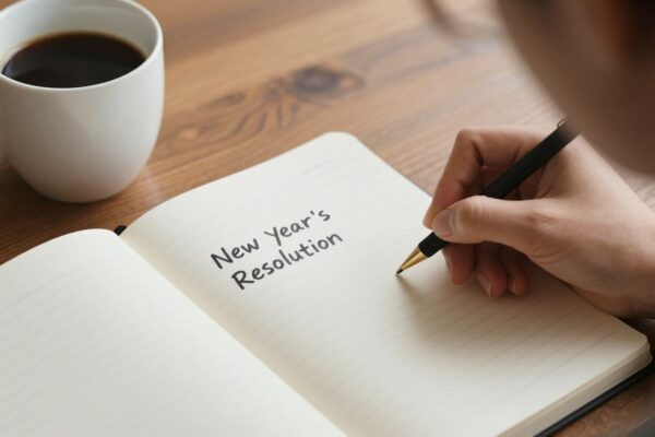 Person writing New Year's Resolution in a journal with a cup of coffee nearby