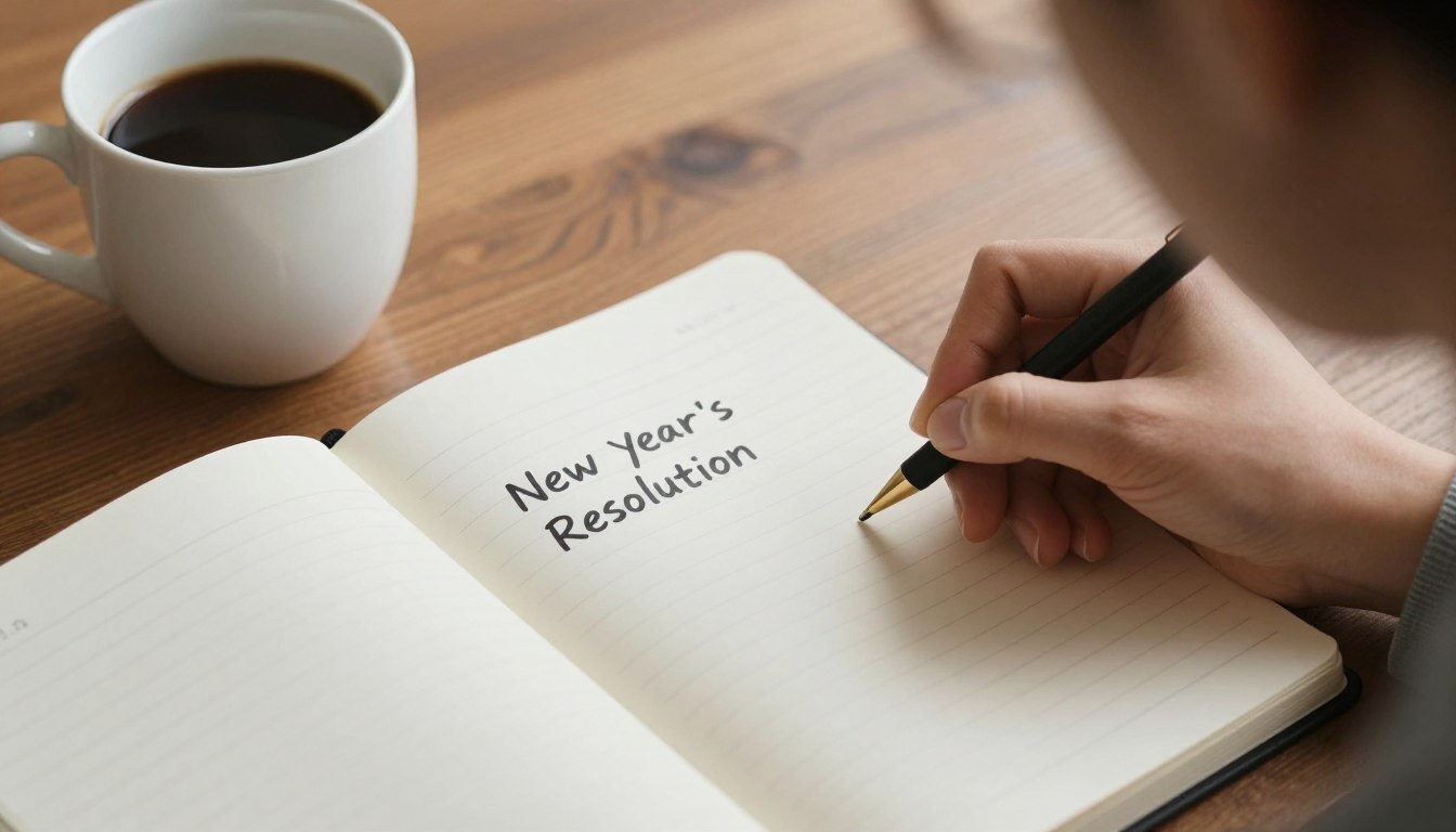 Person writing New Year's Resolution in a journal with a cup of coffee nearby