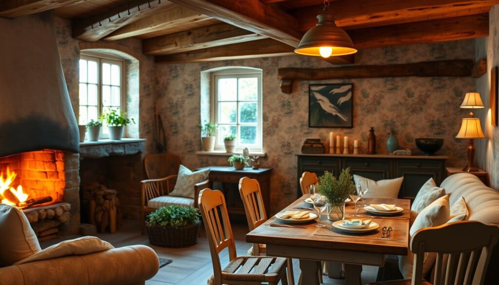 French cottage dining room with warm ambient lighting