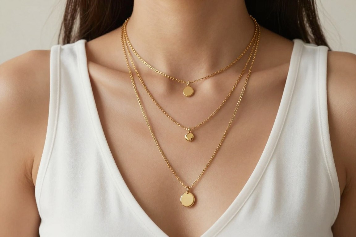 Health & Beauty Woman wearing multiple layered gold necklaces of varying lengths