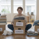 10 Easy Ways to Declutter and Simplify Life a woman sitting with organazing boxes around her