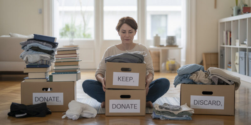 a woman sitting with organazing boxes around her