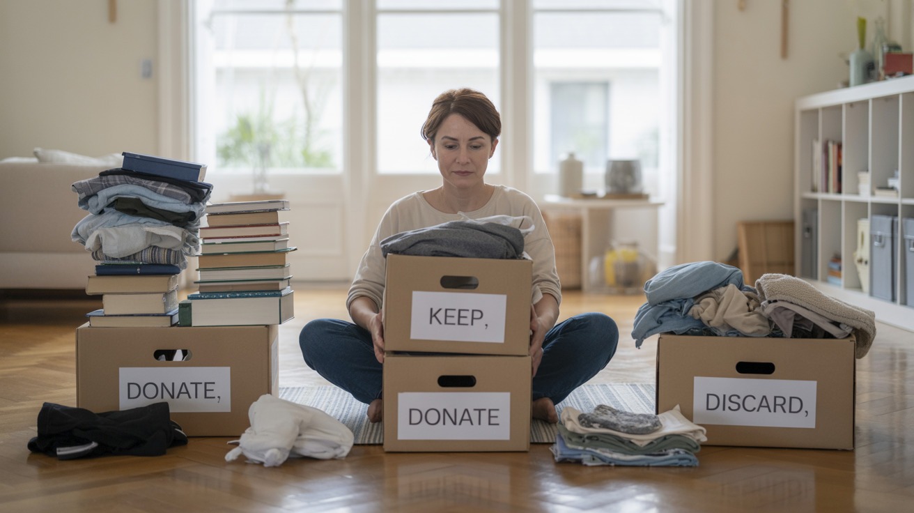 a woman sitting with organazing boxes around her