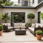 10 Potted Tree Designs for Patios Elegant patio with various potted tree designs arranged around seating area