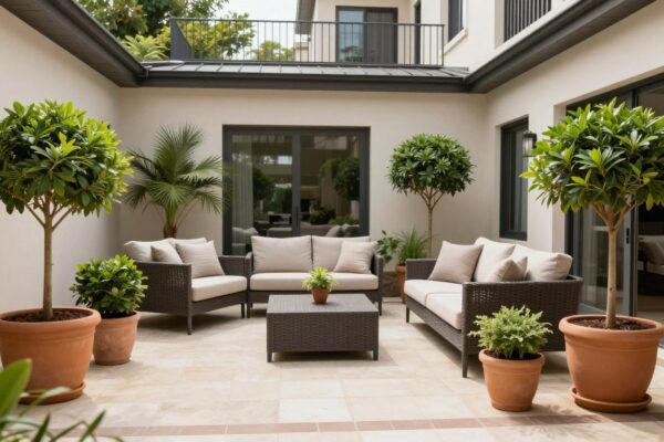 Elegant patio with various potted tree designs arranged around seating area