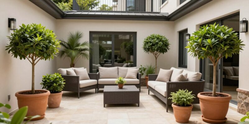Elegant patio with various potted tree designs arranged around seating area