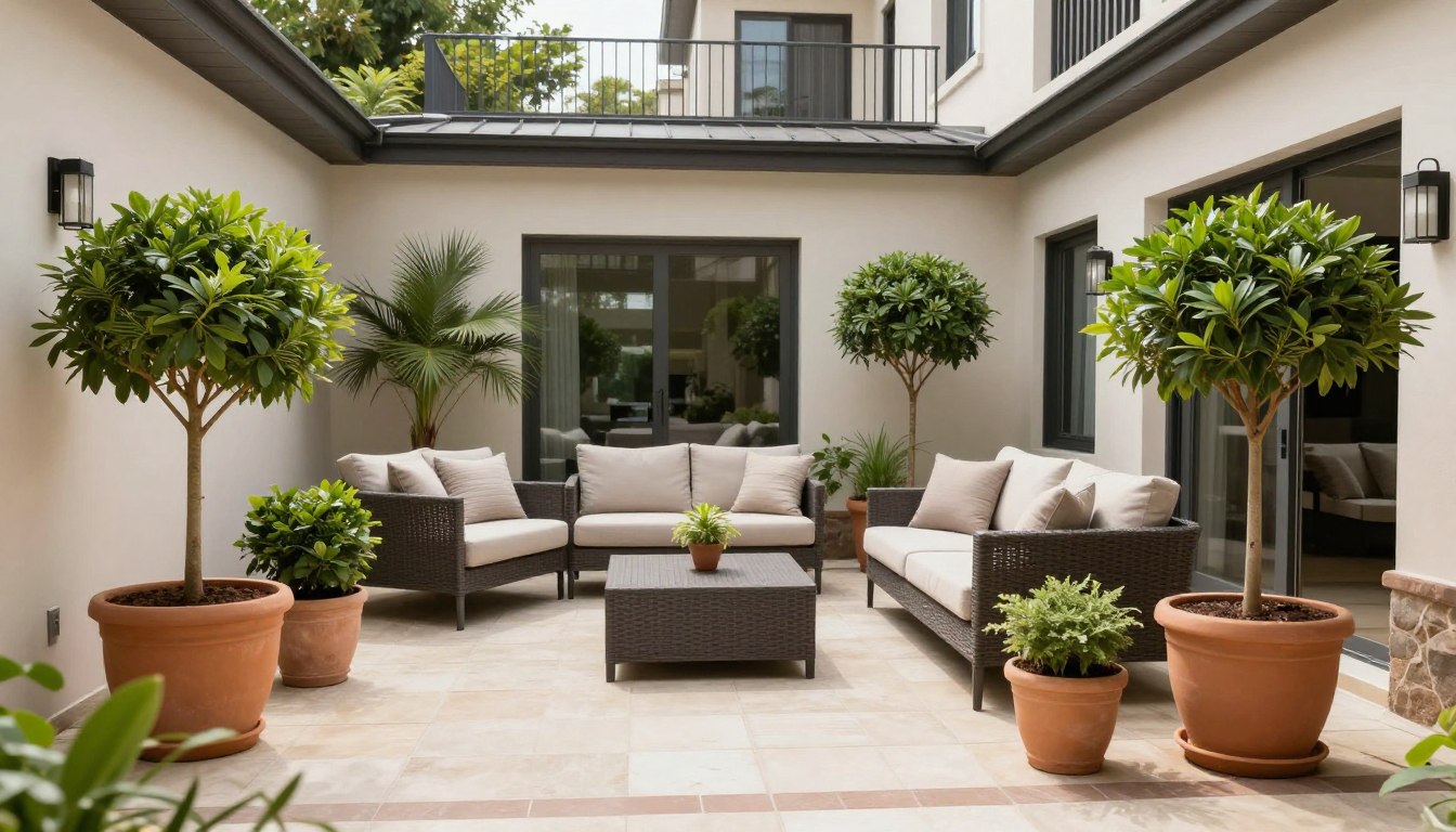 Elegant patio with various potted tree designs arranged around seating area