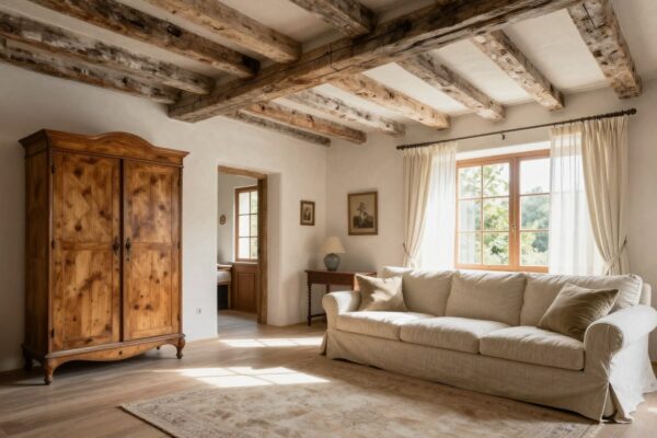 Rustic French country living room with weathered furniture and natural light