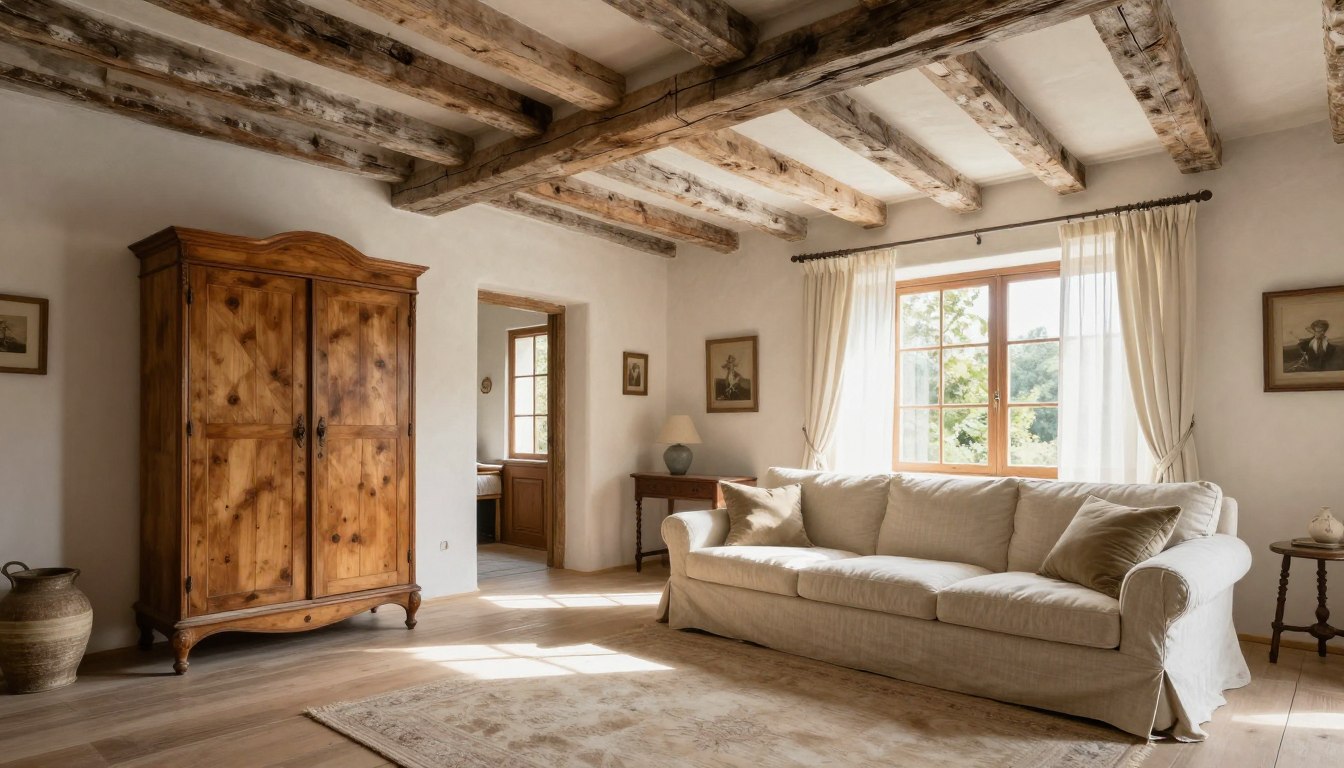 Rustic French country living room with weathered furniture and natural light