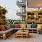 Beautiful transformed balcony with DIY projects including wooden furniture, string lights, and potted plants