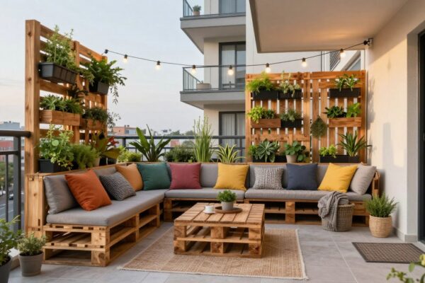 Beautiful transformed balcony with DIY projects including wooden furniture, string lights, and potted plants