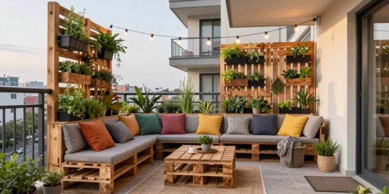 Beautiful transformed balcony with DIY projects including wooden furniture, string lights, and potted plants