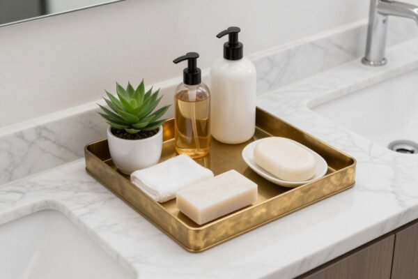 Elegant bathroom vanity tray with organized toiletries and decorative items