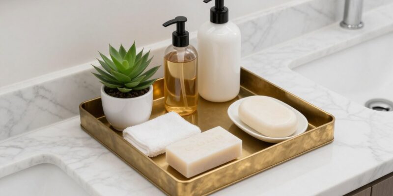 Elegant bathroom vanity tray with organized toiletries and decorative items