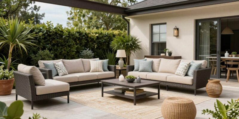 Complete summer patio decor setup showing multiple design elements working together