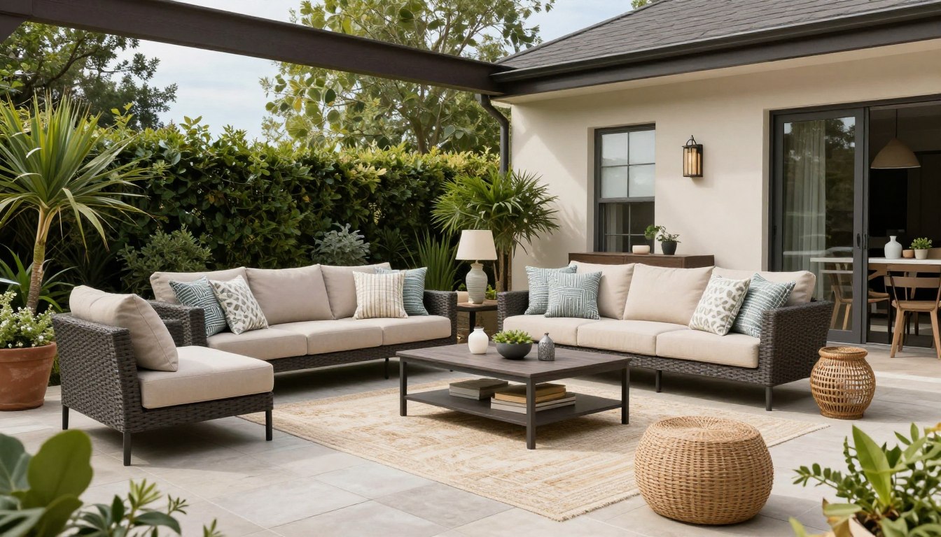 Complete summer patio decor setup showing multiple design elements working together