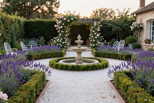 French-inspired backyard design with lavender borders and gravel pathways