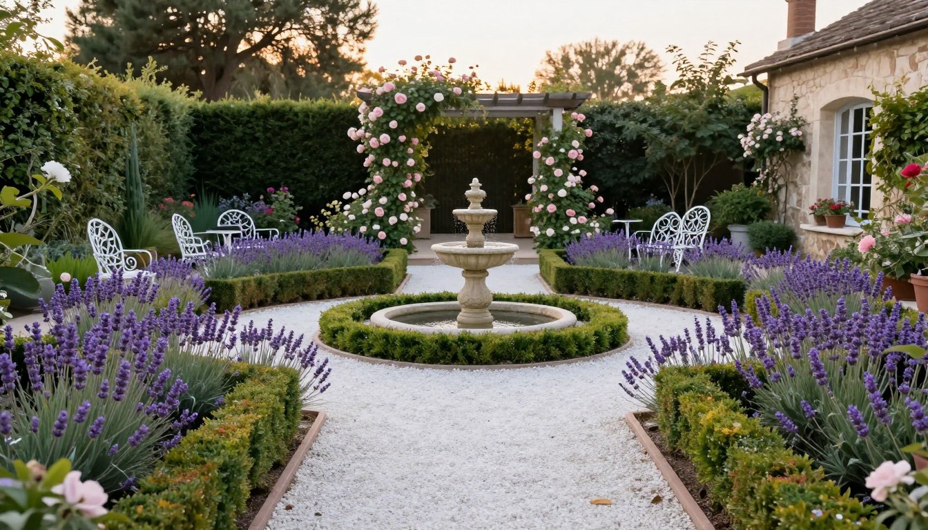 French-inspired backyard design with lavender borders and gravel pathways