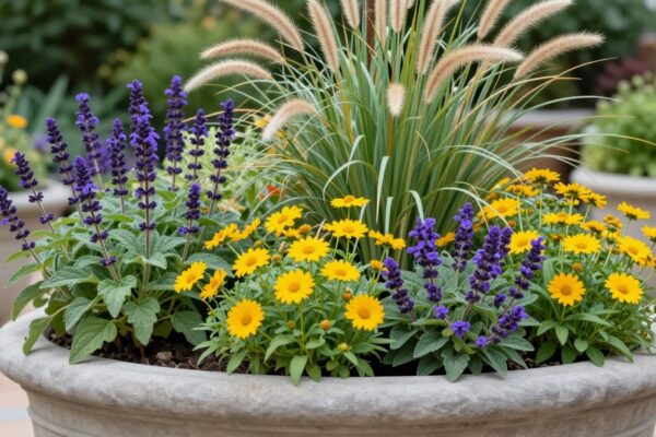 Mix Perennials in a Pot creating a colorful container garden display