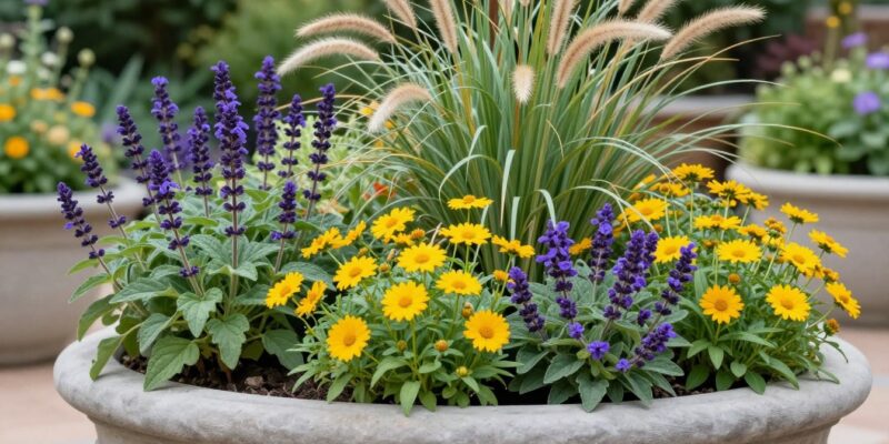 Mix Perennials in a Pot creating a colorful container garden display