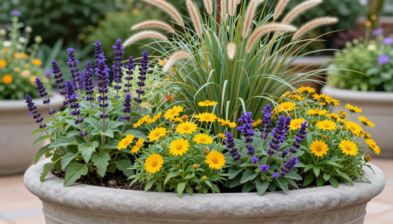 Mix Perennials in a Pot creating a colorful container garden display