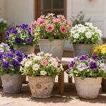 perennials to grow in pots displayed in colorful containers on a sunny patio