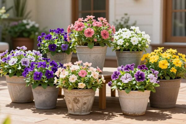 perennials to grow in pots displayed in colorful containers on a sunny patio