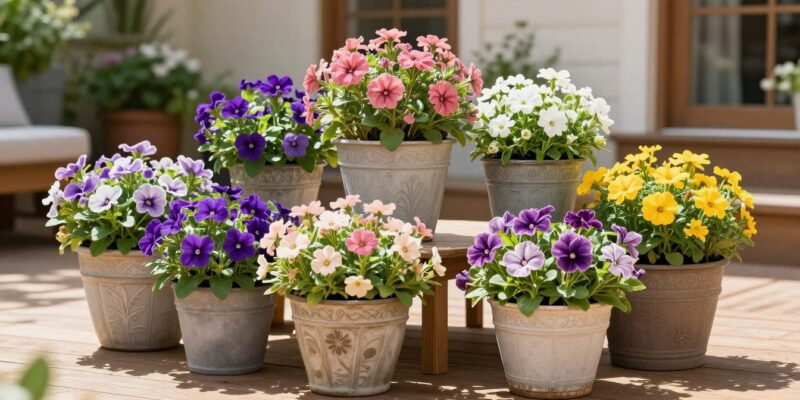 perennials to grow in pots displayed in colorful containers on a sunny patio