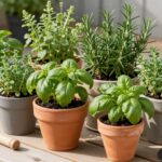 Beautiful patio herb garden with containers of fresh basil, rosemary, and thyme on a sunny balcony