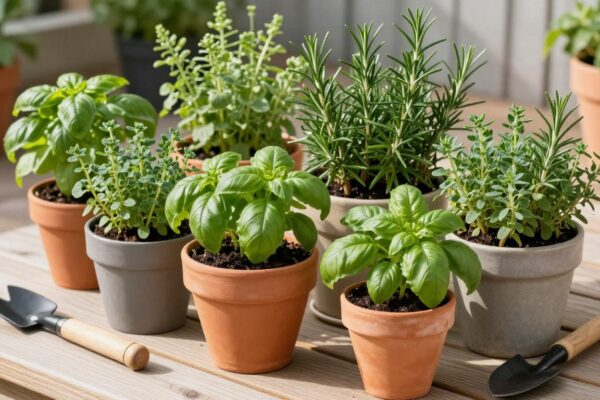 Beautiful patio herb garden with containers of fresh basil, rosemary, and thyme on a sunny balcony