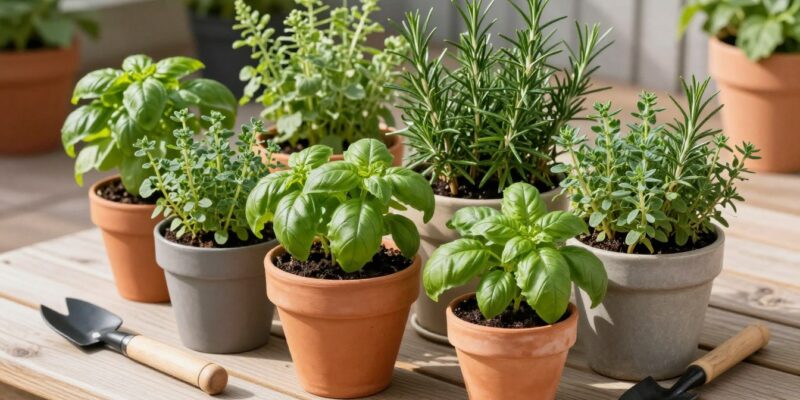 Beautiful patio herb garden with containers of fresh basil, rosemary, and thyme on a sunny balcony