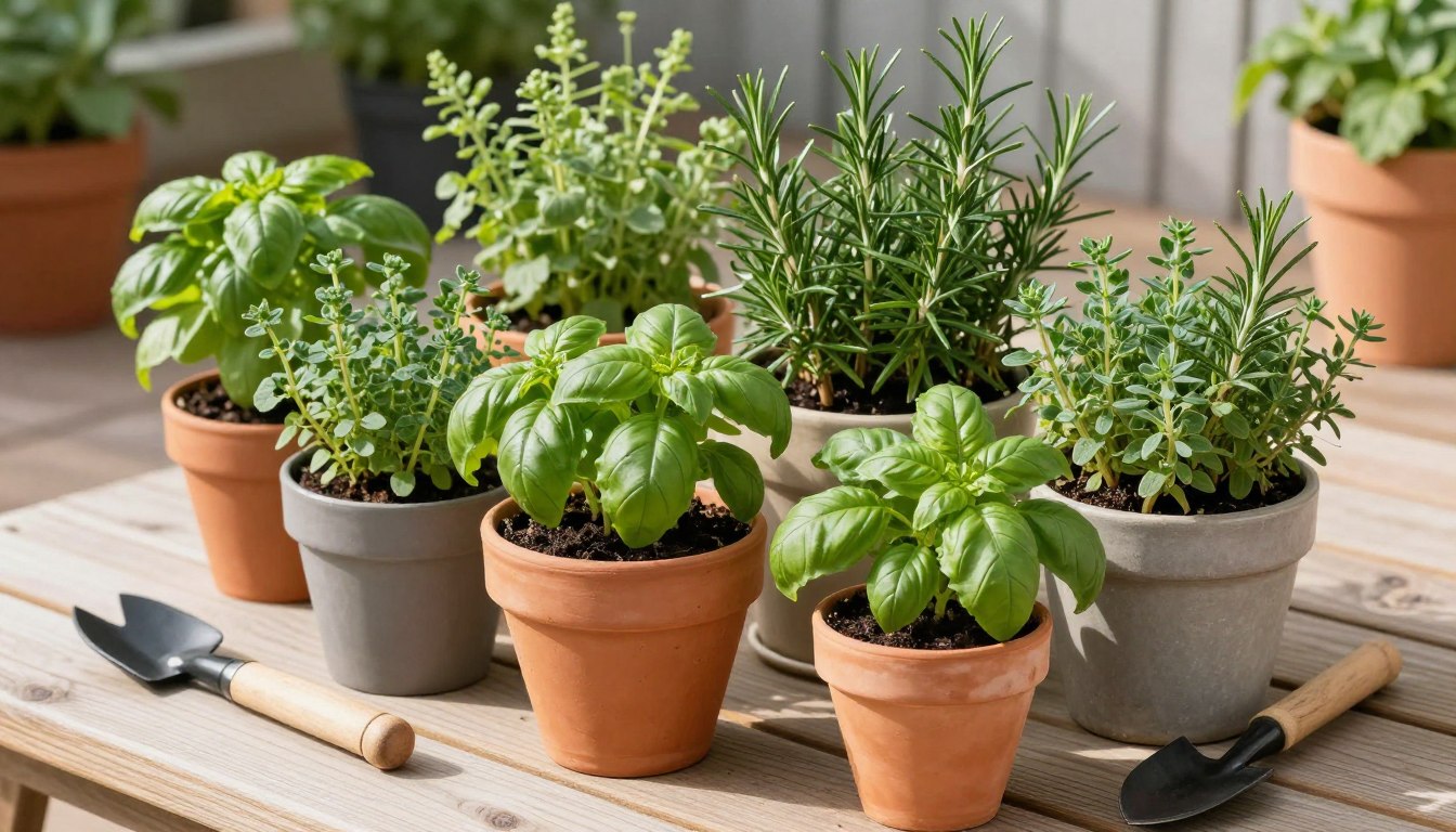 Beautiful patio herb garden with containers of fresh basil, rosemary, and thyme on a sunny balcony