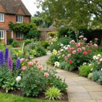 Beautiful English garden with colorful flower borders, stone pathways, and lush greenery