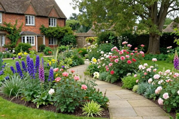 Beautiful English garden with colorful flower borders, stone pathways, and lush greenery