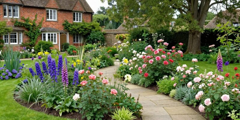 Beautiful English garden with colorful flower borders, stone pathways, and lush greenery